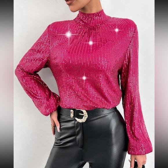 Luxe Sequin Drape Cowl Neck Open Back Backless Party Top Blouse Shirt Hot Pink - Picture 4 of 5